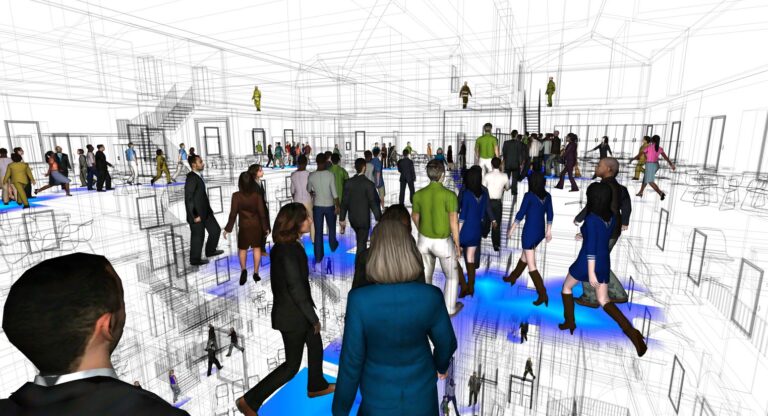 Simulazione di esodo con persone e percorsi di movimento in un modello tridimensionale di edificio.