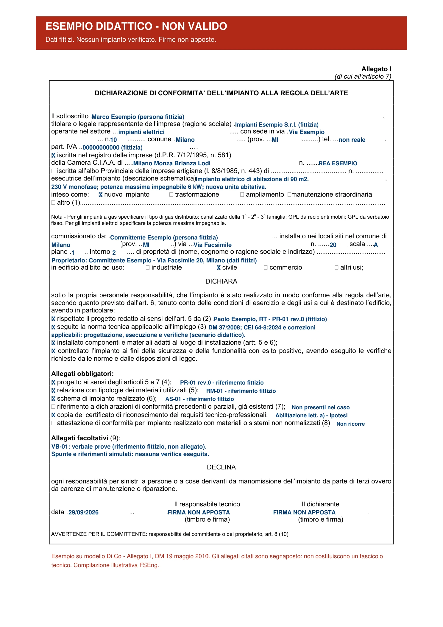 Esempio didattico di compilazione Di.Co.: descrizione dell’intervento, allegati e firme dell’impresa