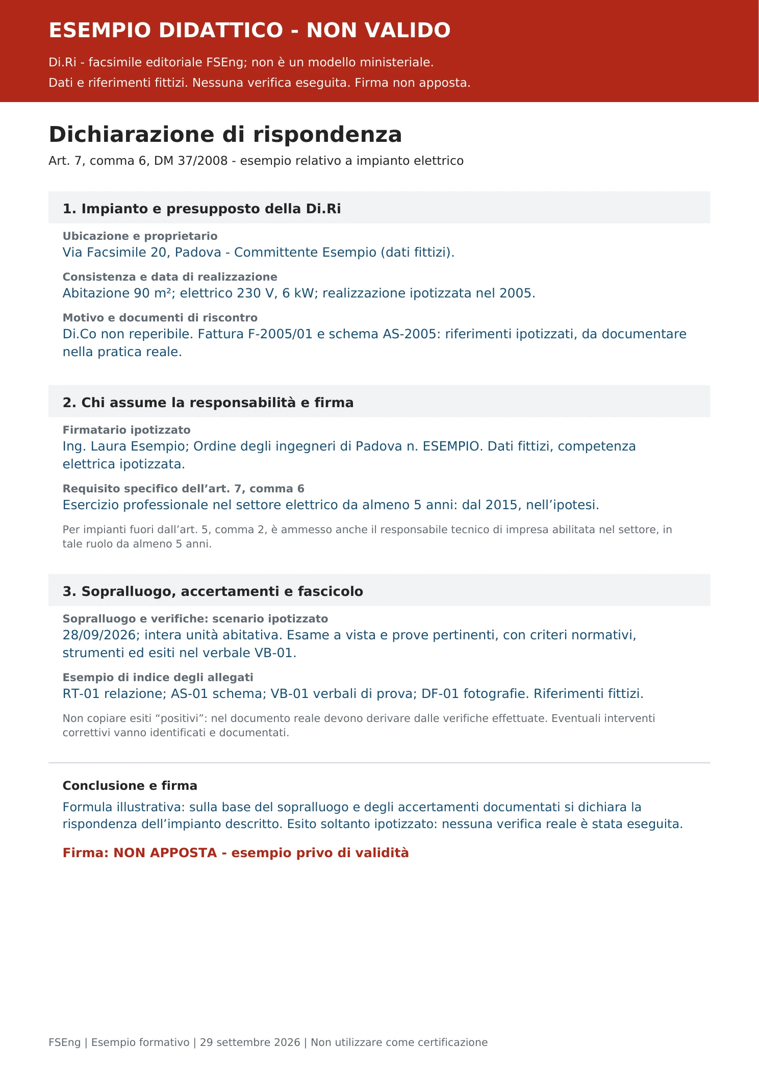 Facsimile didattico Di.Ri.: requisiti del dichiarante, impianto antecedente al 27 marzo 2008 e accertamenti