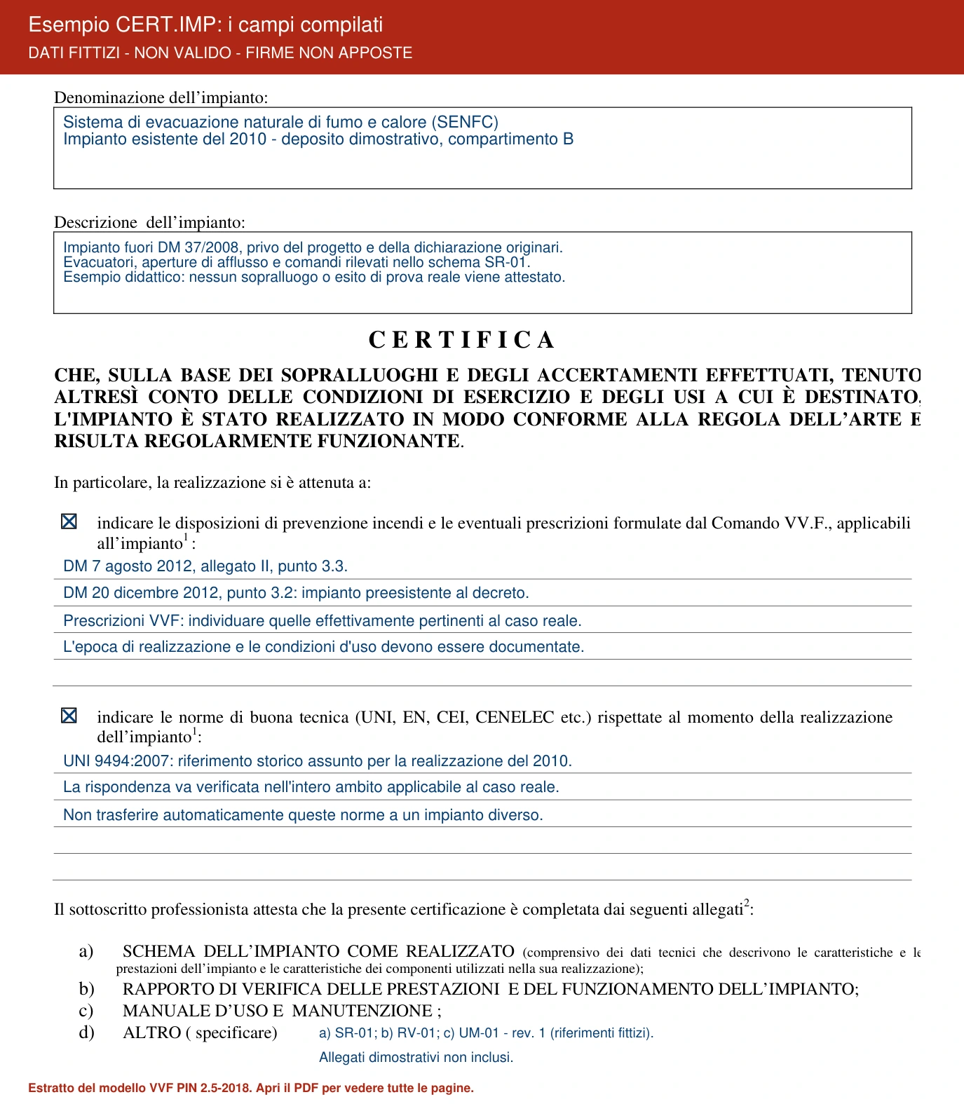 Esempio compilato CERT.IMP PIN 2.5-2018: impianto esistente, norme e allegati delle verifiche