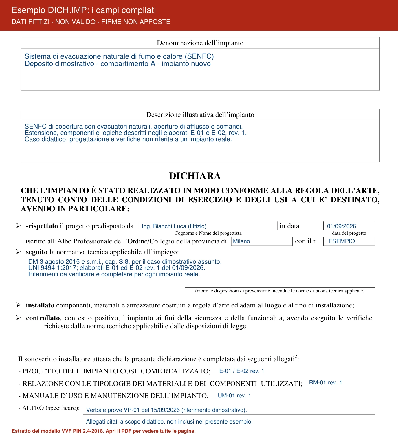 Esempio compilato DICH.IMP PIN 2.4-2018: descrizione dell’impianto, progetto, norme e allegati